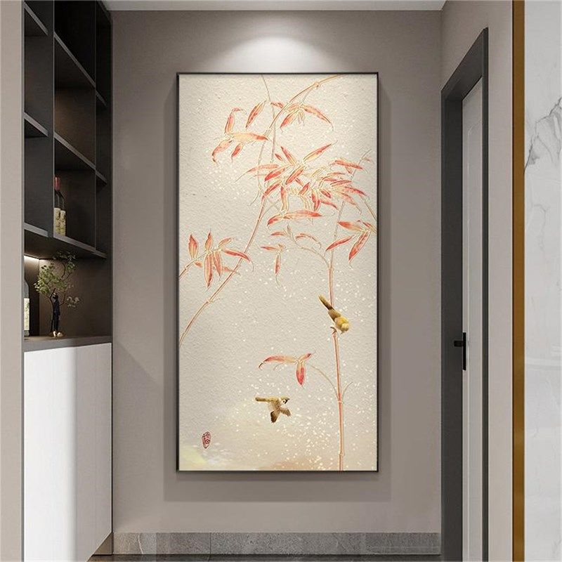 鹊上枝头入户玄关装饰画竖版新中式禅意走廊过道挂画花鸟茶室壁画