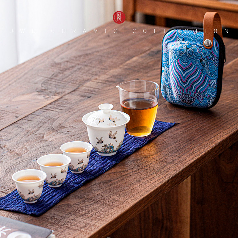 祥鹤观海盖碗旅行茶具整套便携陶瓷功夫茶具随身户外车载一壶三杯