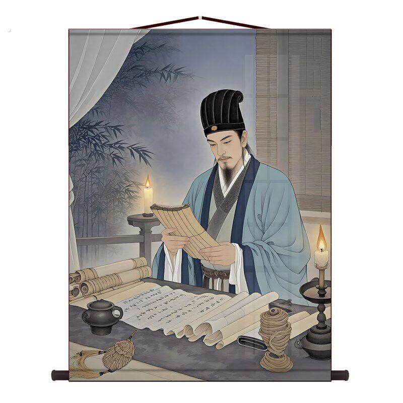 诸葛亮画像茅庐夜读客厅办公室装饰中式励志创意卷轴画挂画高清
