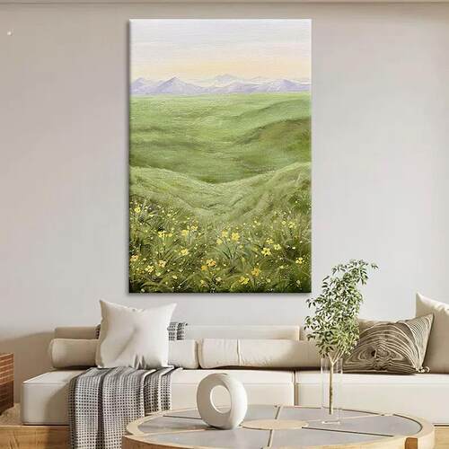 青绿色草原风景手绘油画客厅抽象春意盎然肌理画玄关丙烯装饰挂画