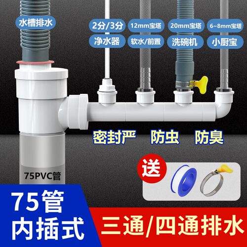 75内插厨房水槽洗碗机净水器小厨宝洗衣机二合一下水管三通防臭