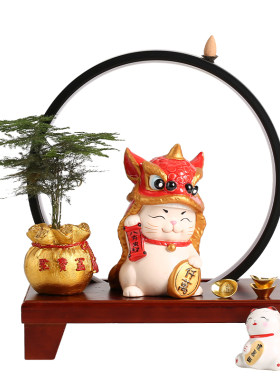 创意带灯圈舞狮招财猫陶瓷可爱摆件店铺开业礼品乔迁家用客厅装饰