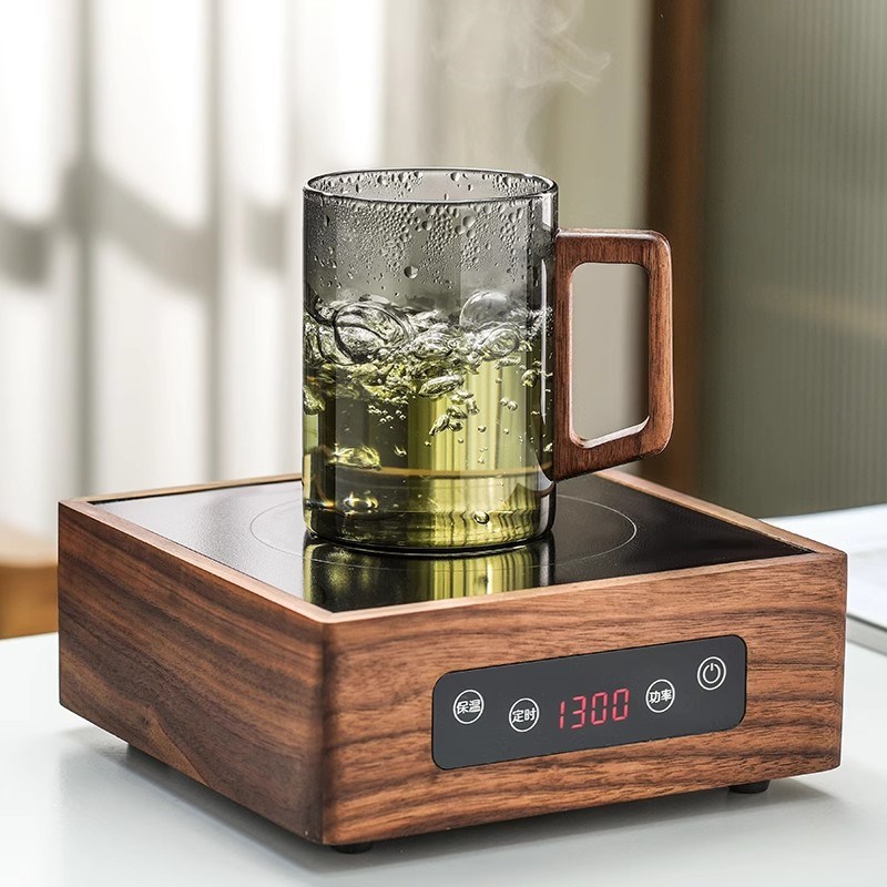 中式木把玻璃杯茶杯家用耐高温喝水杯套装高档待客大容量透明杯子