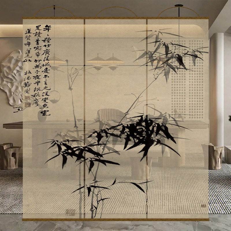 新中式水墨竹画电动透景屏风纱卷帘隔断帘挂帘窗帘玄关透光纱帘