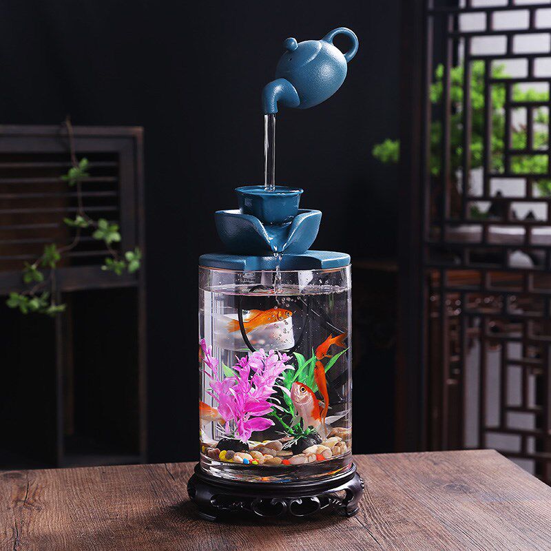 迷你悬壶创意桌面鱼缸摆件 循环流水玻璃家用玄关生态水族箱造景
