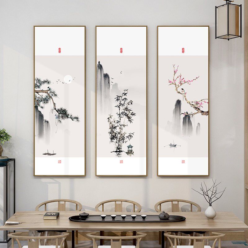 岁寒三友挂画新中式茶室客厅壁画装饰画松树竹子梅花风景山水网红