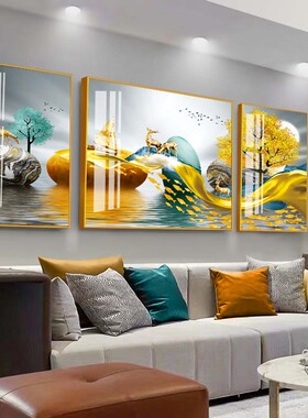 客厅装饰画三联沙发背景墙壁画新中式轻奢挂画简约北欧麋鹿风景画