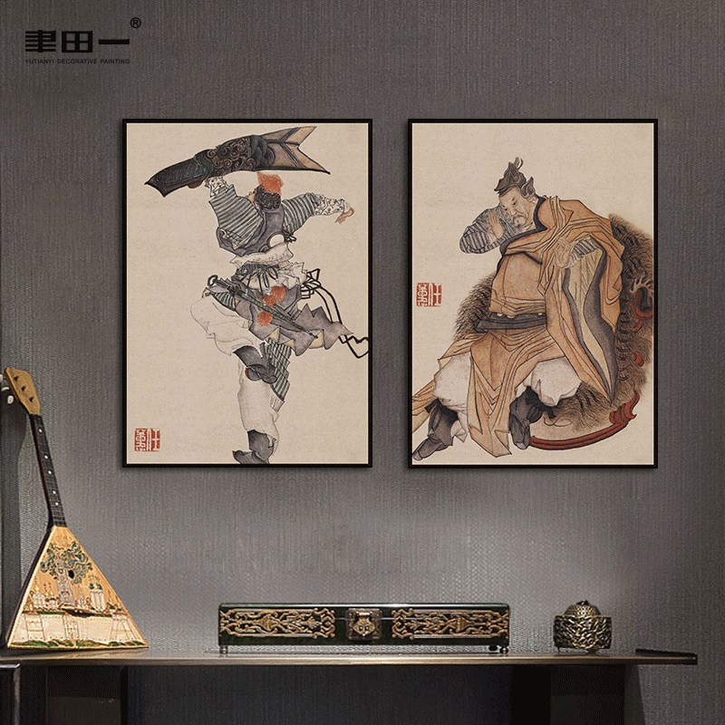 客厅新中式壁画茶室待客厅古代人物武术装饰画玄关过道墙古典挂画