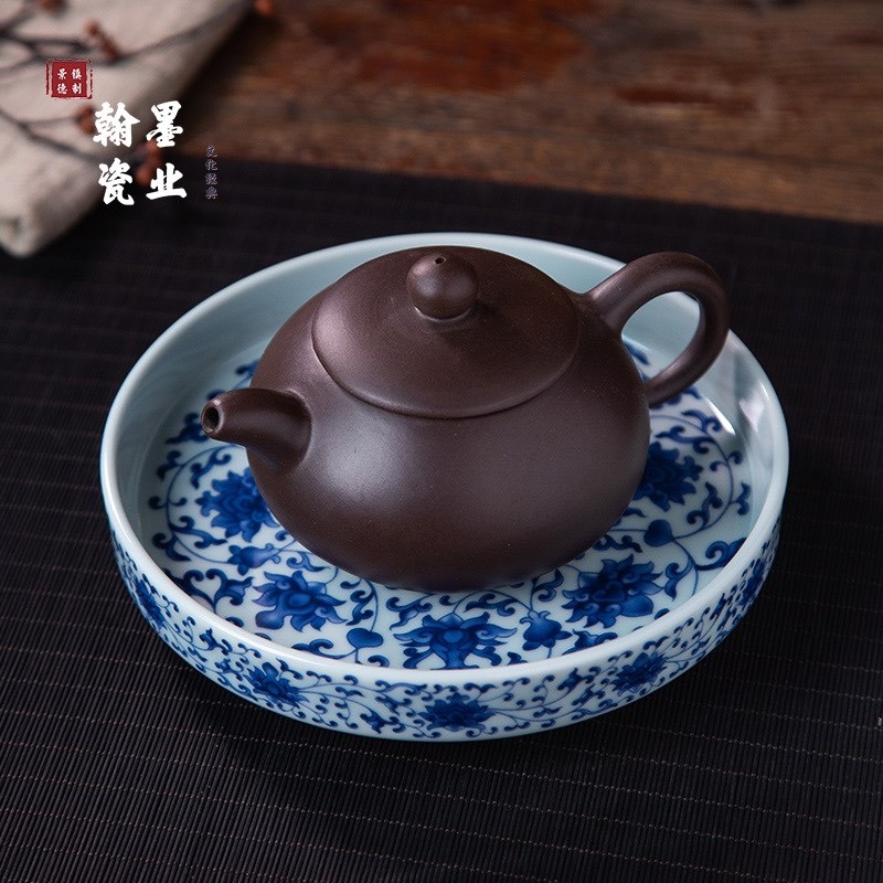 景德镇陶瓷仿古泥青花缠枝莲壶承单个干泡台茶托壶盘家用茶具果盘