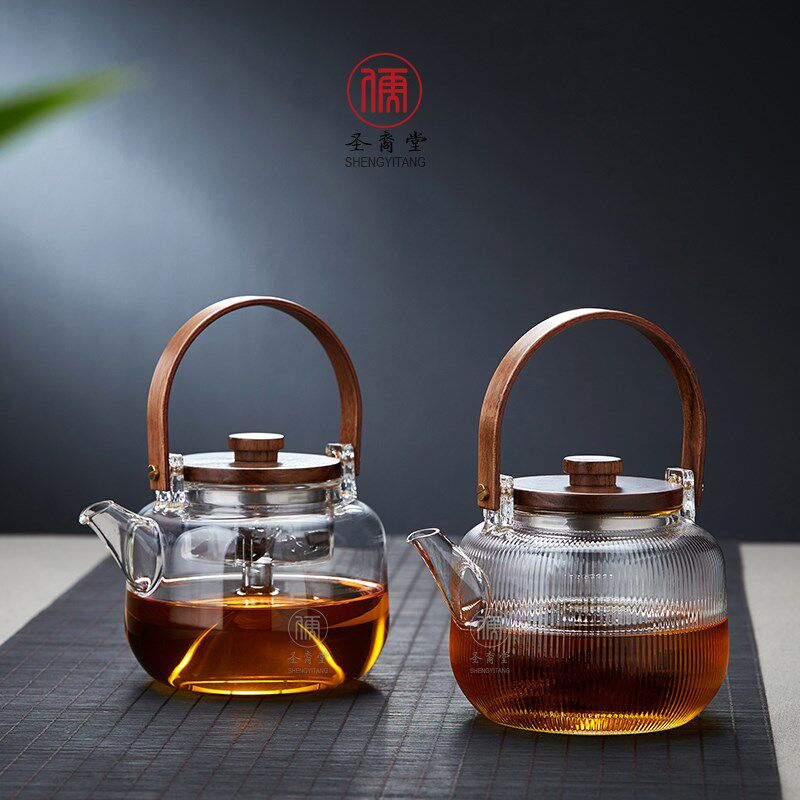 圣裔堂耐热玻璃蒸煮茶壶电陶炉煮茶器木盖家用提梁烧水壶套装送礼