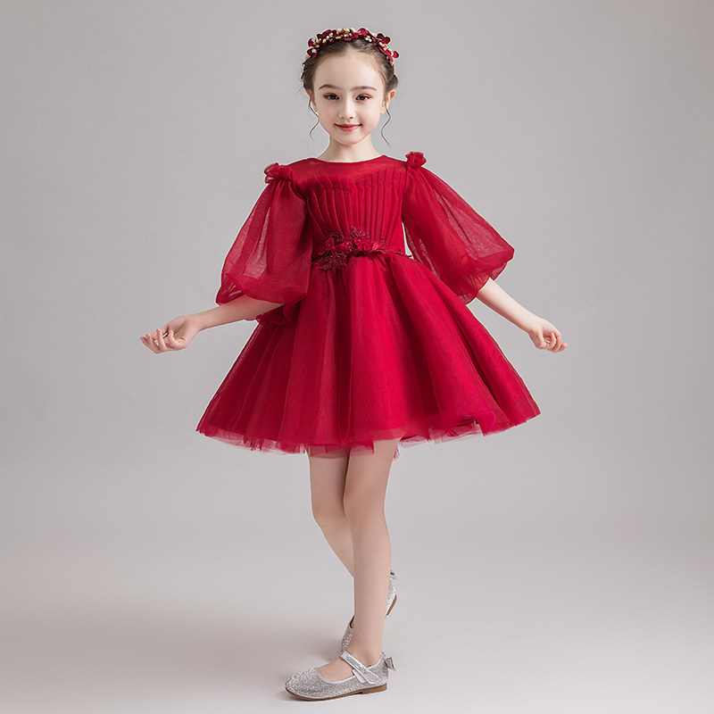 儿童晚礼服公主裙蓬蓬纱泡泡长袖小花童婚纱主持人演出服洋气秋冬