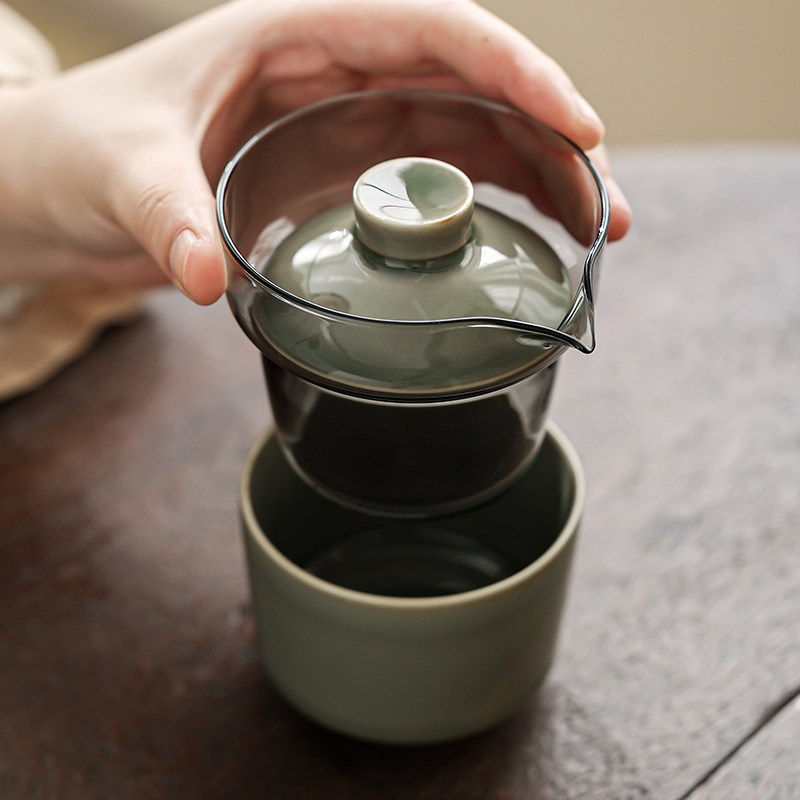 越窑青瓷快客杯便携式一人旅行茶具套装户外露营旅游泡茶一壶一杯