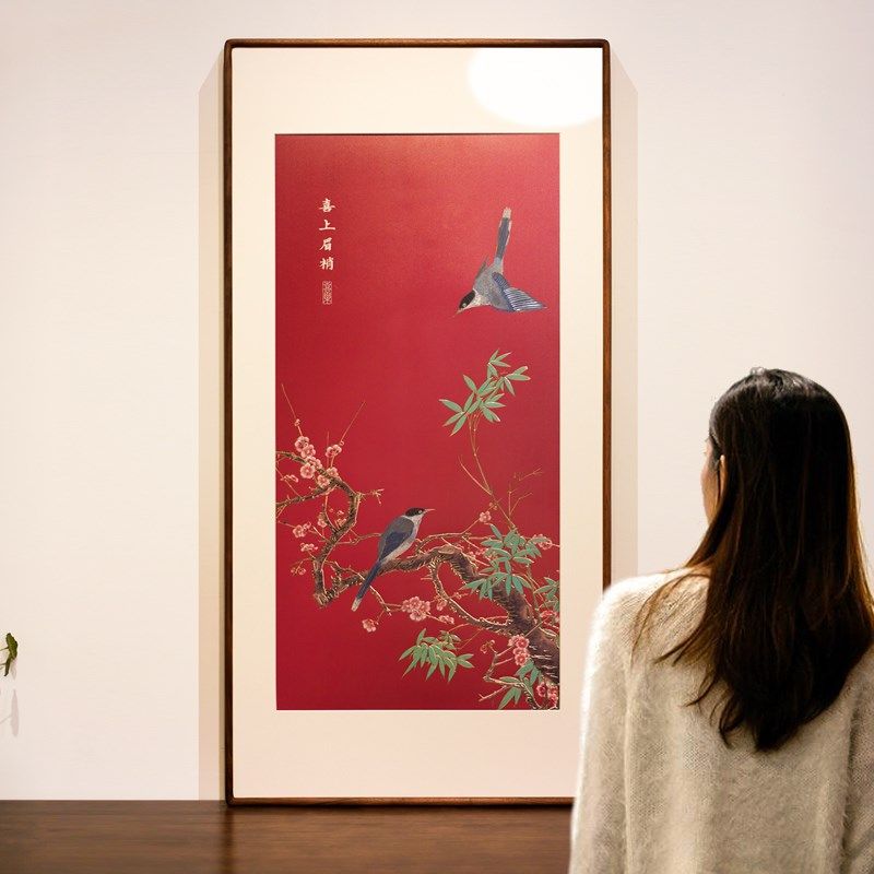 铜雕画《喜上眉梢》手工錾刻实木新中式玄关装饰画过年春节别墅画