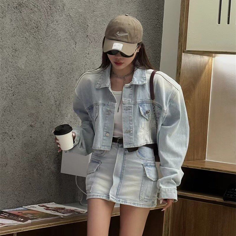 复古短款牛仔外套套装裙子女时尚洋气高级感美式工装半身裙两件套
