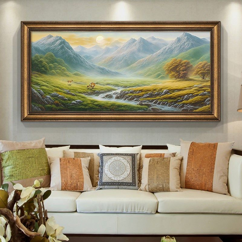 巨人山风景客厅装饰画美式沙发背景墙挂画复古油画靠山图高档壁画