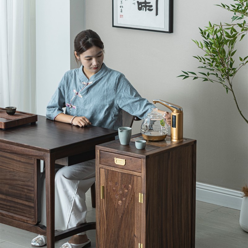 胡桃木单炉茶水柜实木茶台移动小茶车沙发侧边柜烧水壶一体茶吧几
