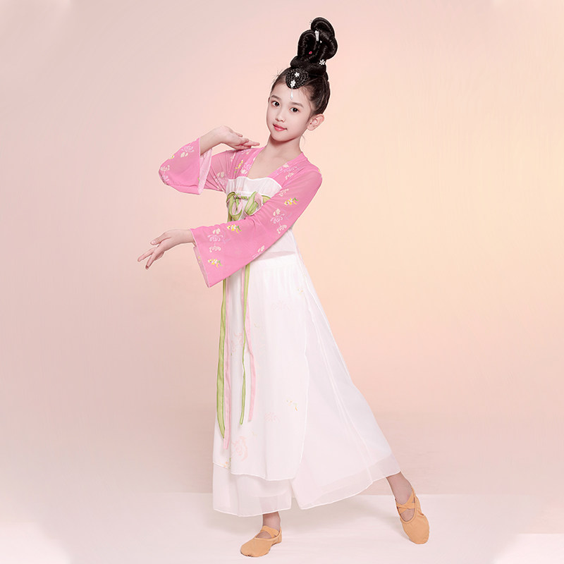 新款古典舞演出服女儿童飘逸仙气中国风扇子舞蹈服女儿童齐胸汉服
