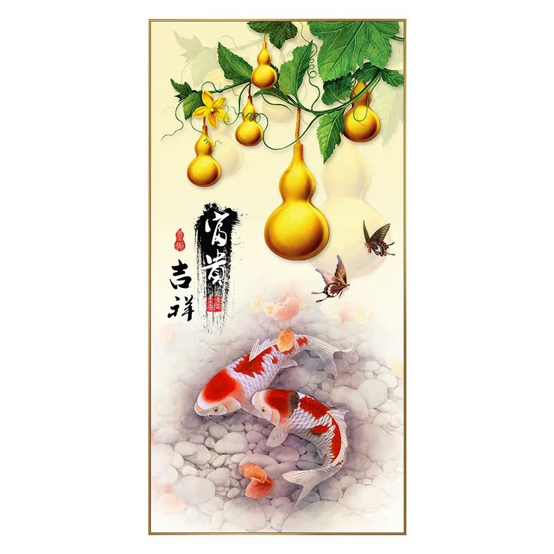 新中式入户玄关镶钻装饰画竖版葫芦轻奢风晶瓷画挂画走廊五福临门