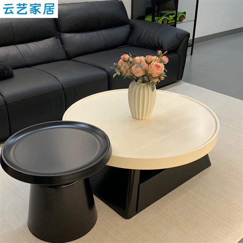 圆形黑白茶几客厅家用2024新款法式奶油风极简小户型轻奢高级感