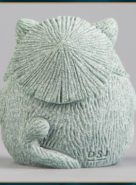 青砂石猫钓鱼茶宠鱼缸造景中式居家办公创意国潮精品动物装饰摆件