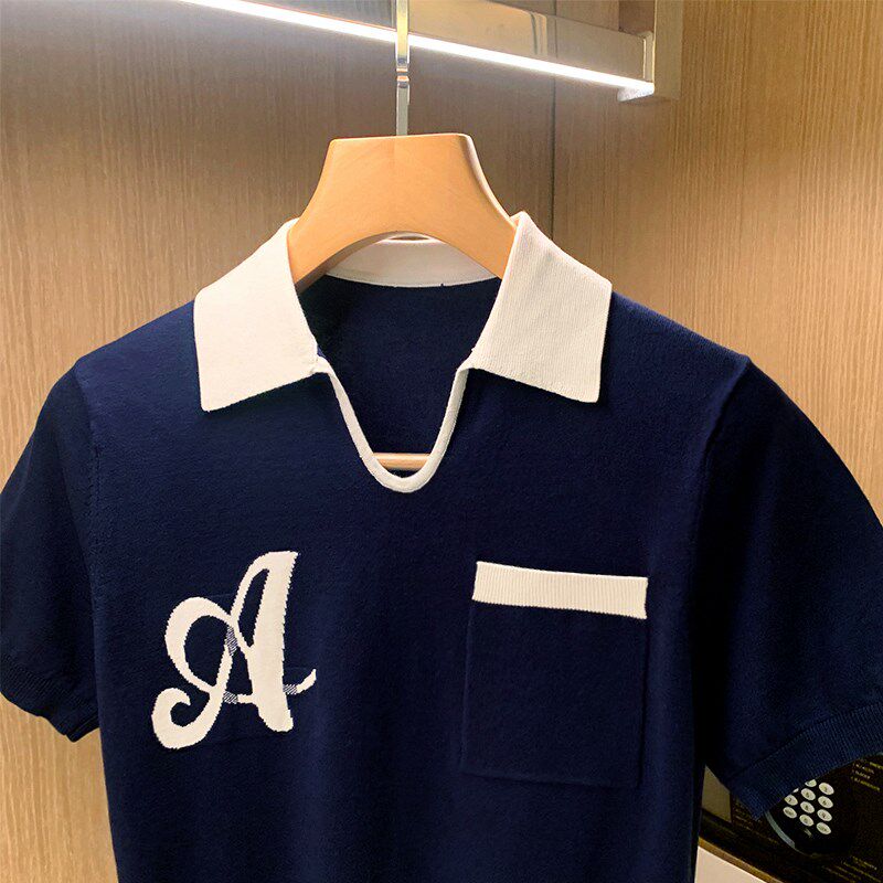 夏季新款个性翻领男士t恤短袖 时尚拼色休闲男装修身针织polo衫男