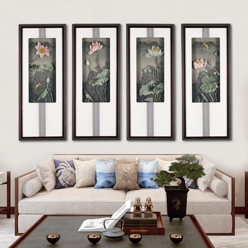 四联沙发背景墙装饰画四条屏挂画新中式玉雕客厅茶室3d立体浮雕画