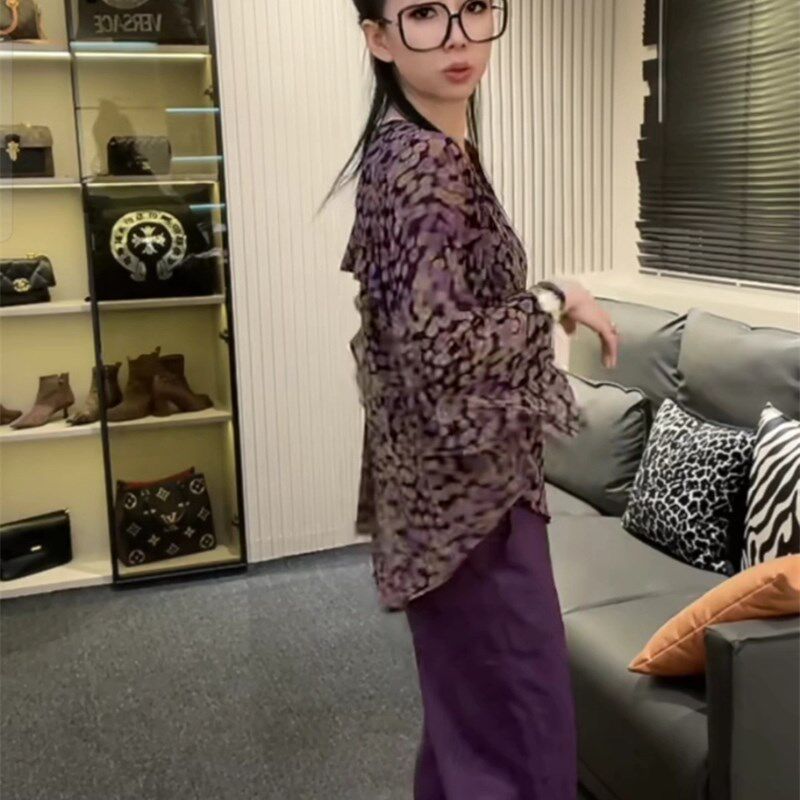 时尚套装女2024夏季新款气质荷叶边花色长袖防晒衬衫阔腿裤两件套