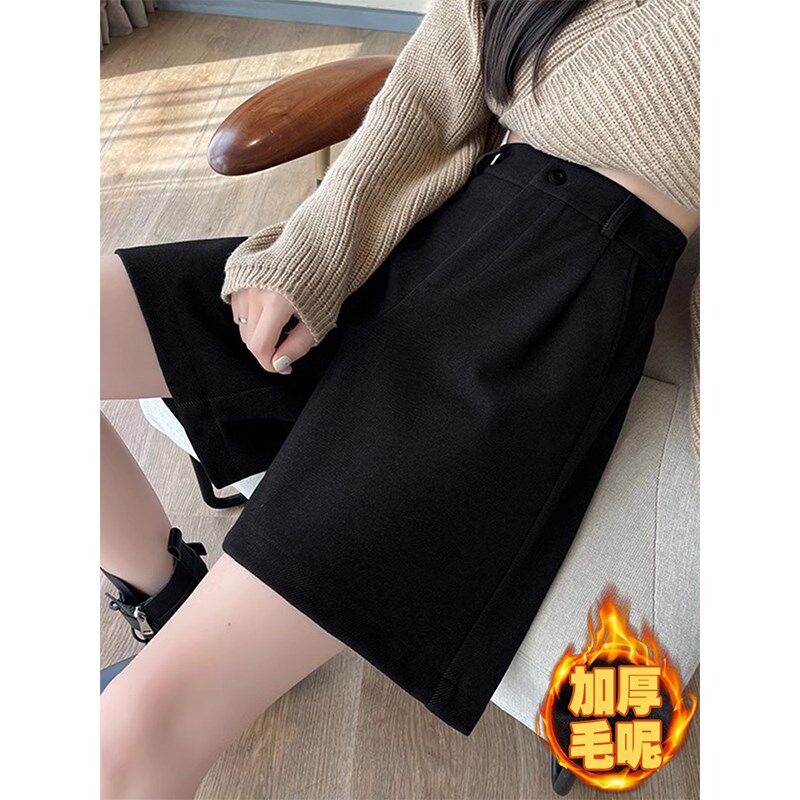 大码黑色毛呢五分裤女秋冬a字中裤加厚高腰宽松显瘦外穿阔腿靴裤