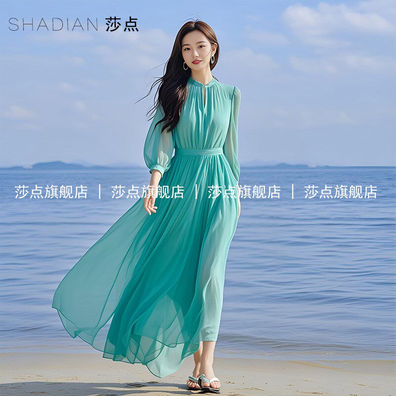 2025新款法式薄纱白色连衣裙女夏气质收腰海边度假雪纺长裙沙滩裙