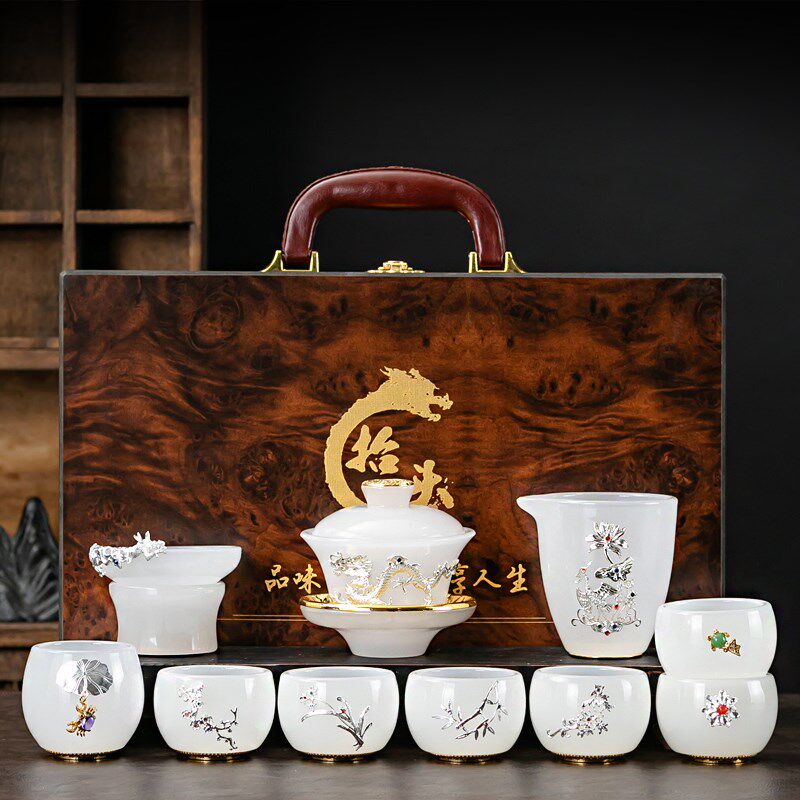 轻奢金镶玉新中式功夫茶具套装简约琉璃玉瓷整套家用办公茶具送礼