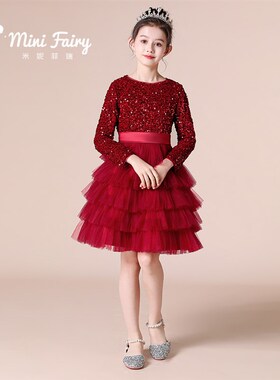 儿童生日礼服女童长袖公主裙蓬蓬纱裙女孩主持人比赛红色礼服冬款
