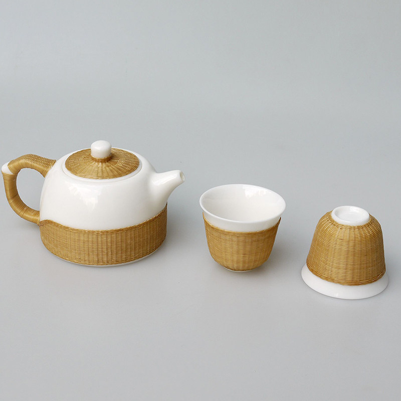 中国非遗手工艺竹丝扣瓷茶具茶壶套装商务送礼瓷胎竹编泡茶壶礼盒