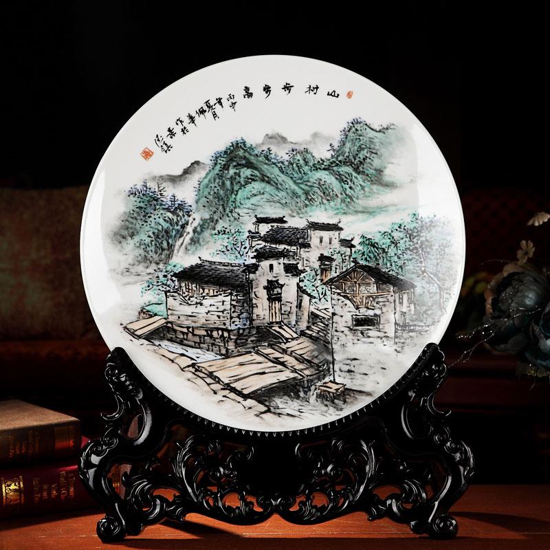 玄关书房手绘装饰盘家居创意陶瓷盘摆件酒柜山水画装饰客厅陶瓷器