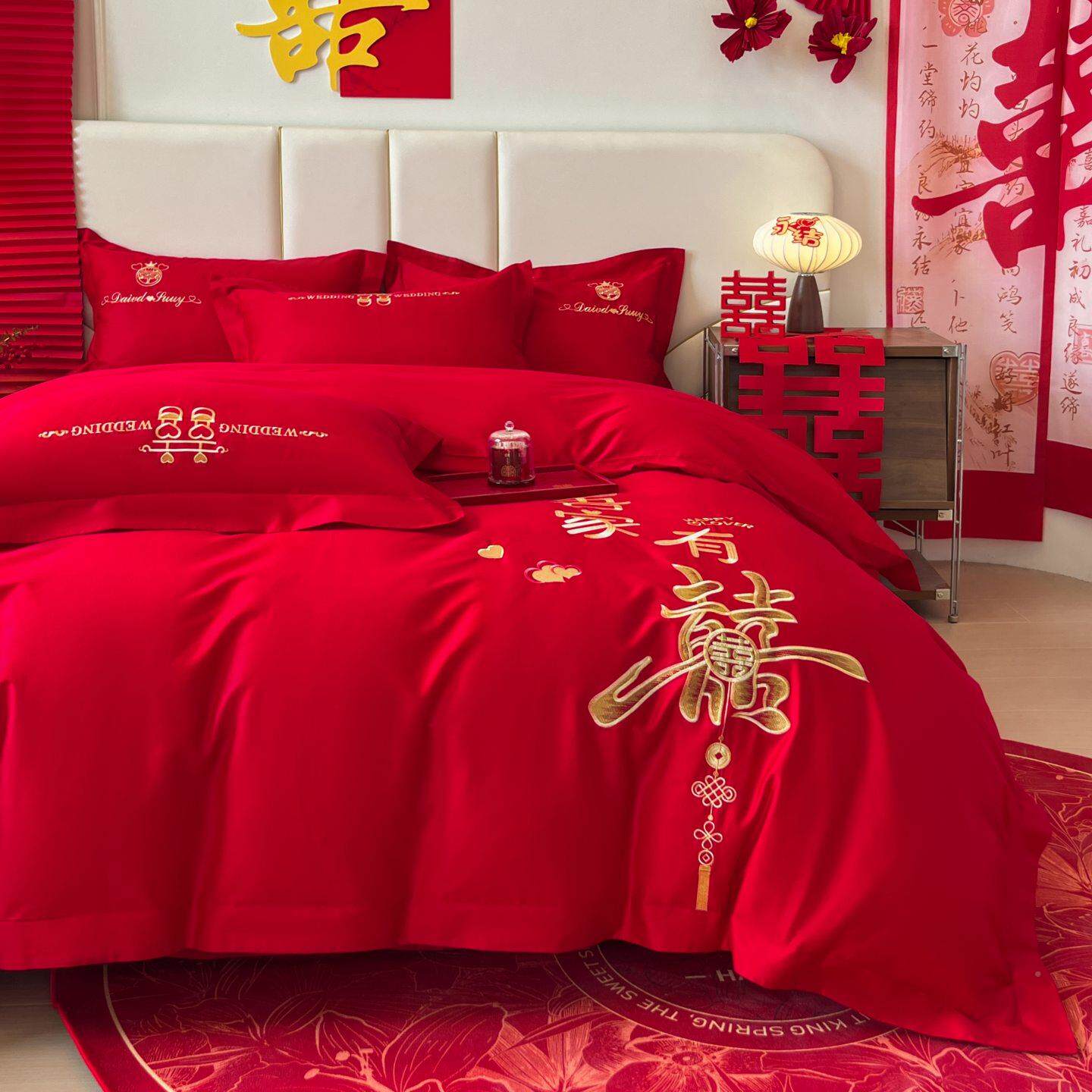 简约红色婚绣庆四F8J588件套结婚喜陪嫁纯棉刺被套庆新婚房备床上