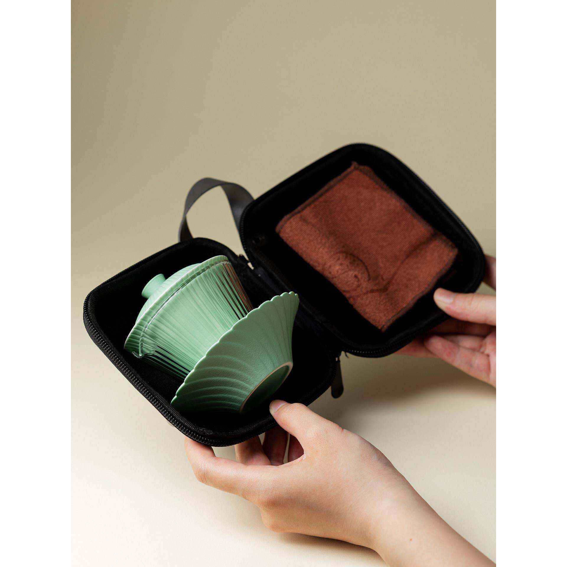 立左便绿釉旅行茶具碗三杯携LLG式一户外竹露营茶壶茶杯男杯