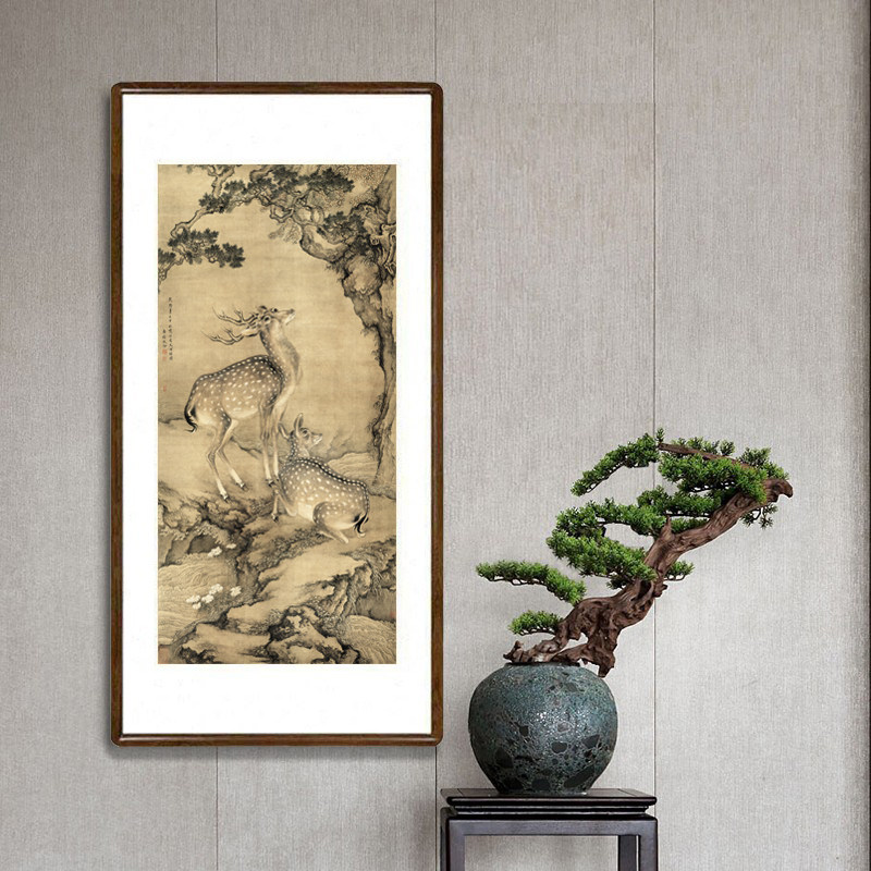 沈铨国画受天百禄图梅花鹿挂画新中式客厅侧面装饰画寓意好的壁画