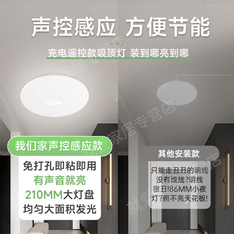 楼道充电声控灯入户门不插电声光控感应灯家用楼梯间免接线吸顶灯