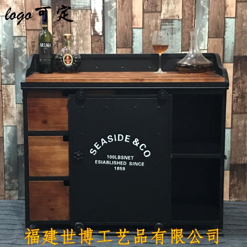 工业风铁艺餐边柜岩板台面可移动咖啡吧台储物柜复古餐厅备餐柜