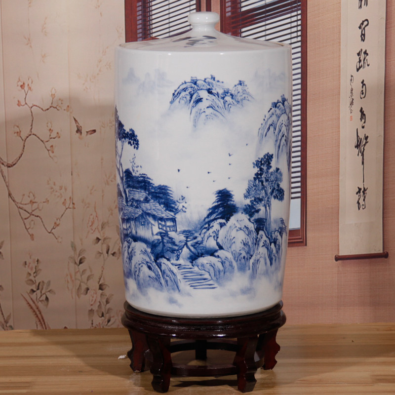 景德镇青花陶瓷米缸家用带盖30斤40斤100斤装密封桶防潮防虫面缸