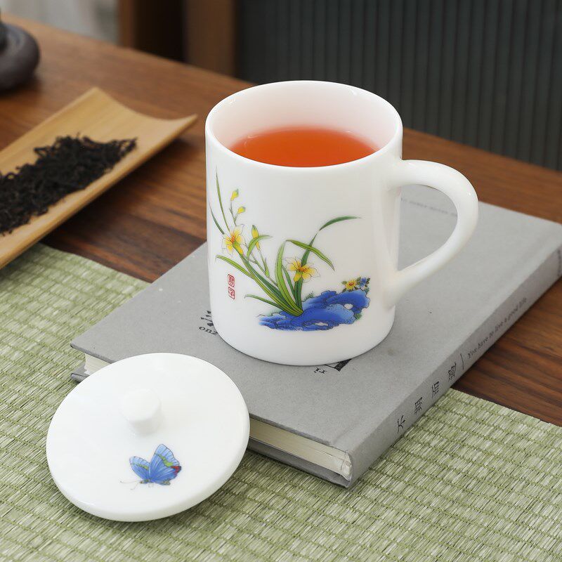 水彩兰花水杯办公杯家用泡茶喝水大茶杯带盖马克杯定制杯子会议杯