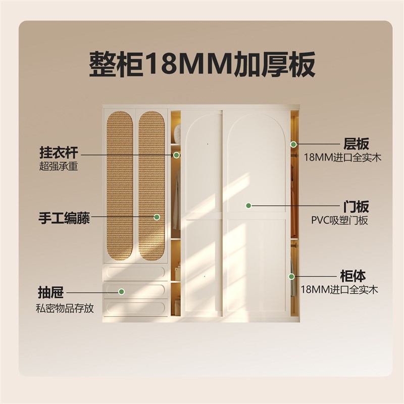 国补全实木橡木推拉门衣柜卧室法式复古风奶油风藤编门定制大衣橱图片
