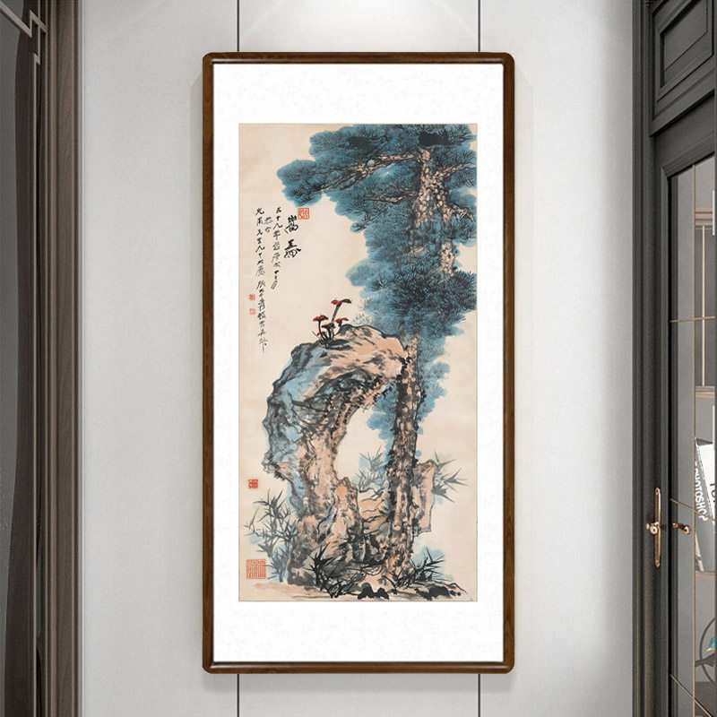 国画松树有镜框中式客厅玄关装饰画走廊过道竖版挂画张大千嵩寿图