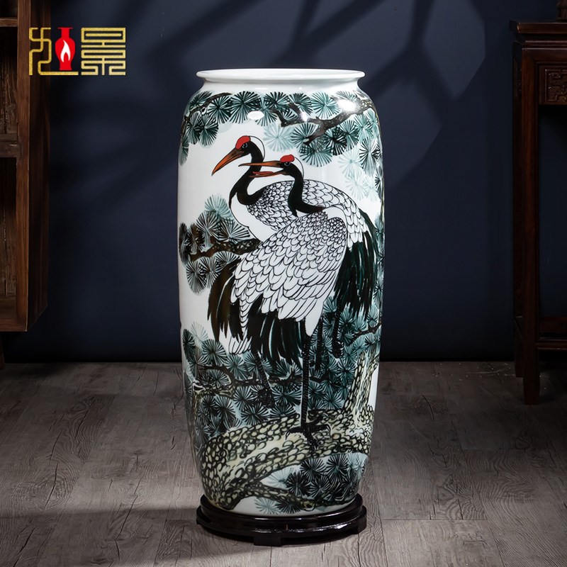 景德镇陶瓷花瓶手绘松鹤延年客厅书房落地插花字画缸大号装饰摆件