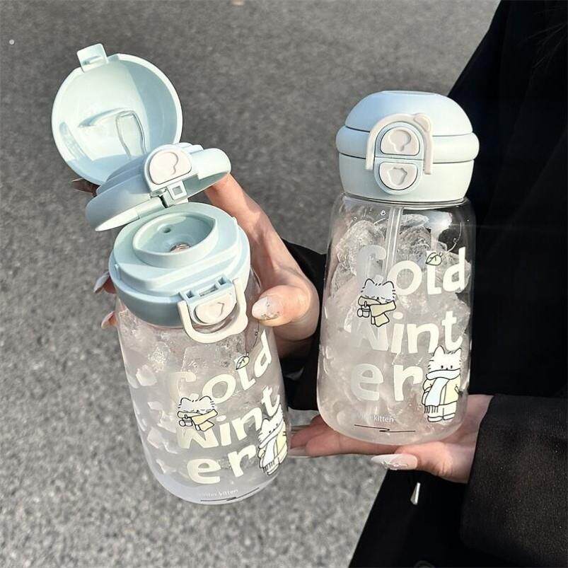 新款夏天水杯女生高颜值玻璃杯可爱便携家用双饮吸管杯子外出便携