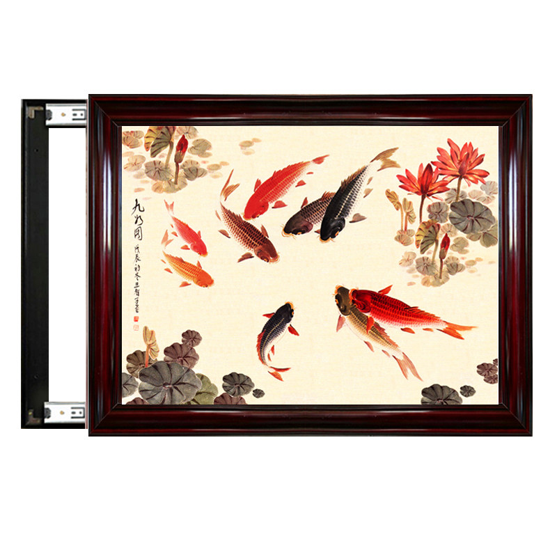 电表箱装饰画新中式实木配电箱免打孔可推拉中国画液压上翻遮挡画