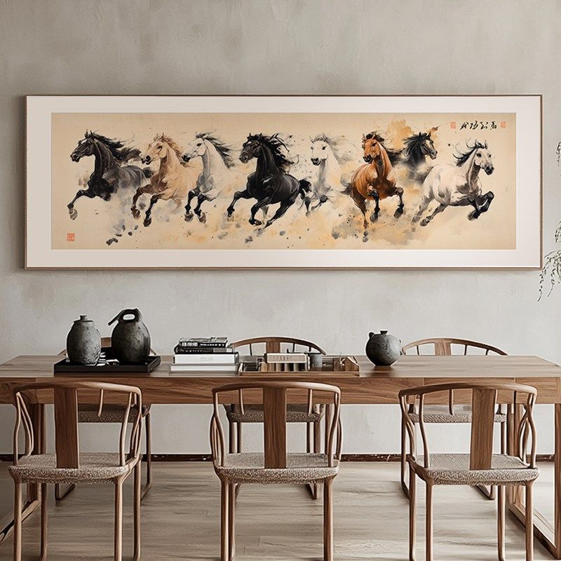 马到功成办公室装饰画中式客厅沙发背景墙八骏图挂画八马图国画