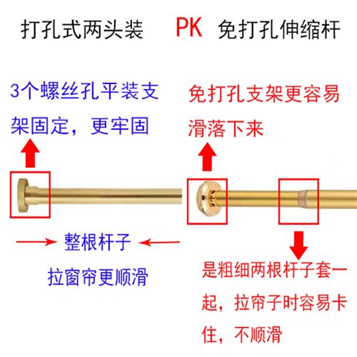 不锈钢加厚打孔金色窗帘杆罗马杆浴帘杆门帘杆晾衣杆两头装衣橱杆