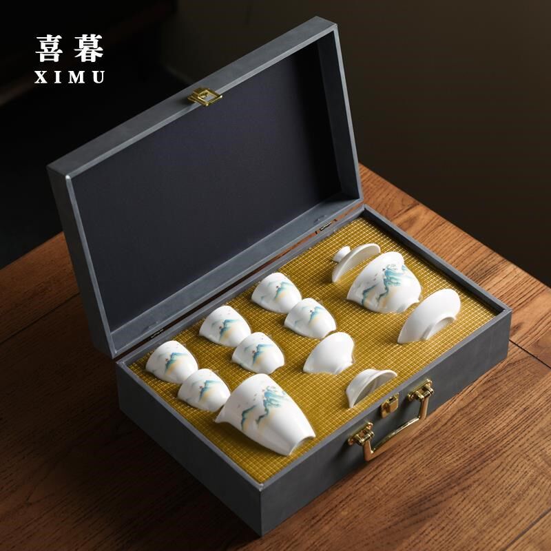 高档功夫茶具礼盒套装整套盖碗泡茶器白瓷家用开业送礼品定制logo