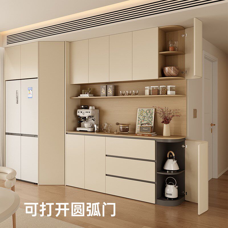 复古奶油风嵌入冰箱餐边柜靠墙一体储物柜圆弧酒柜客厅置物柜定制