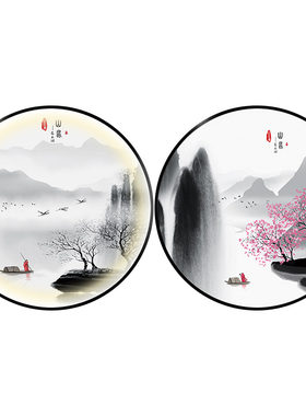 新中式屏风隔断双面画入户玄关发光装饰画轻奢圆形led带灯壁挂画
